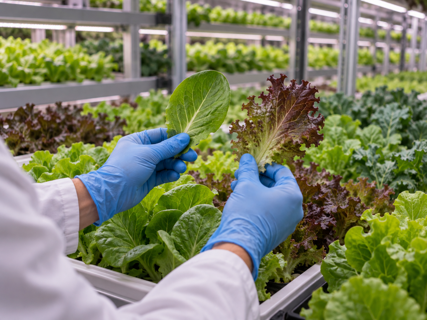 Agronomist comparing leafy green cultivars in an indoor farm