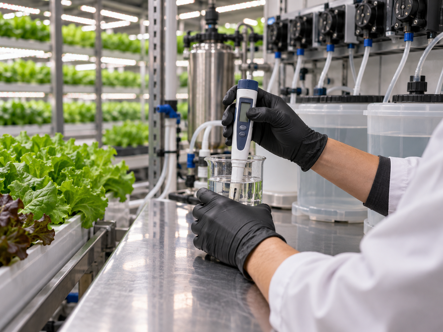 Technician checking nutrient solution for indoor crops