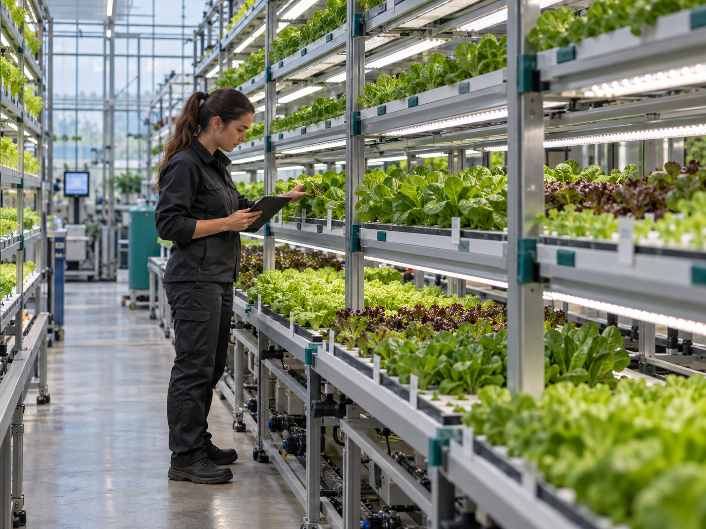 Agronomist inspecting leafy green cultivar trials inside a research vertical farm