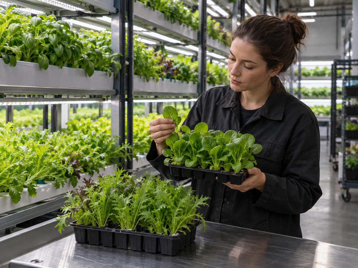 Agronomist comparing leafy green cultivar trial trays inside an indoor vertical farm