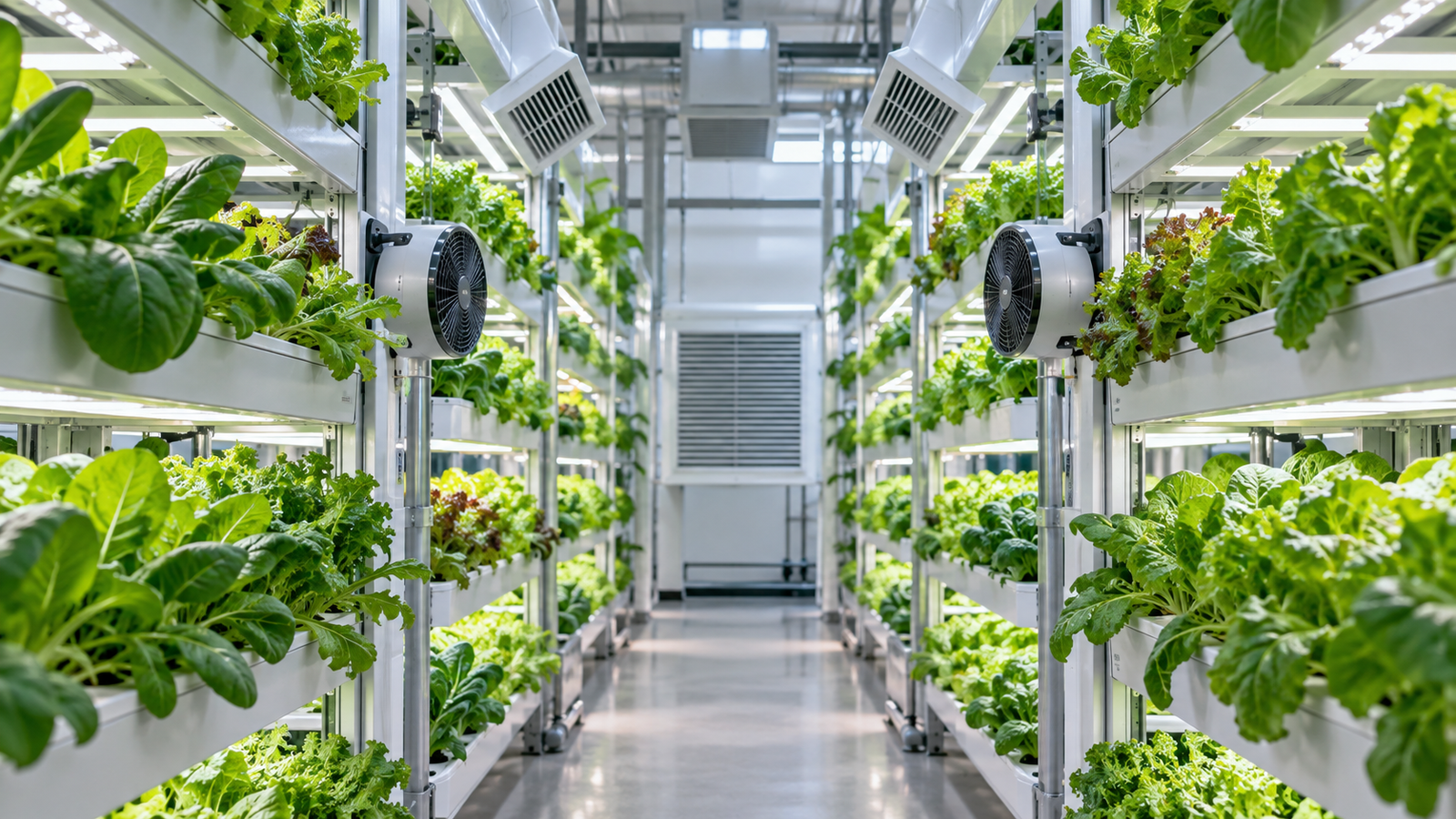Circulation fans moving air through vertical farm crop racks