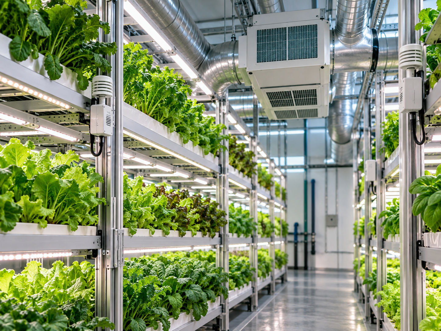 Indoor vertical farm with climate sensors, LED racks, and air-handling equipment