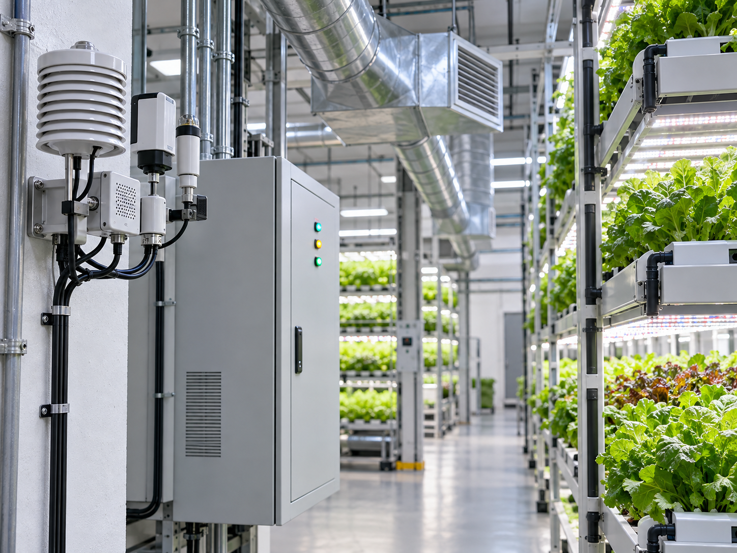 Climate sensors and control cabinet connected to crop racks in a vertical farm