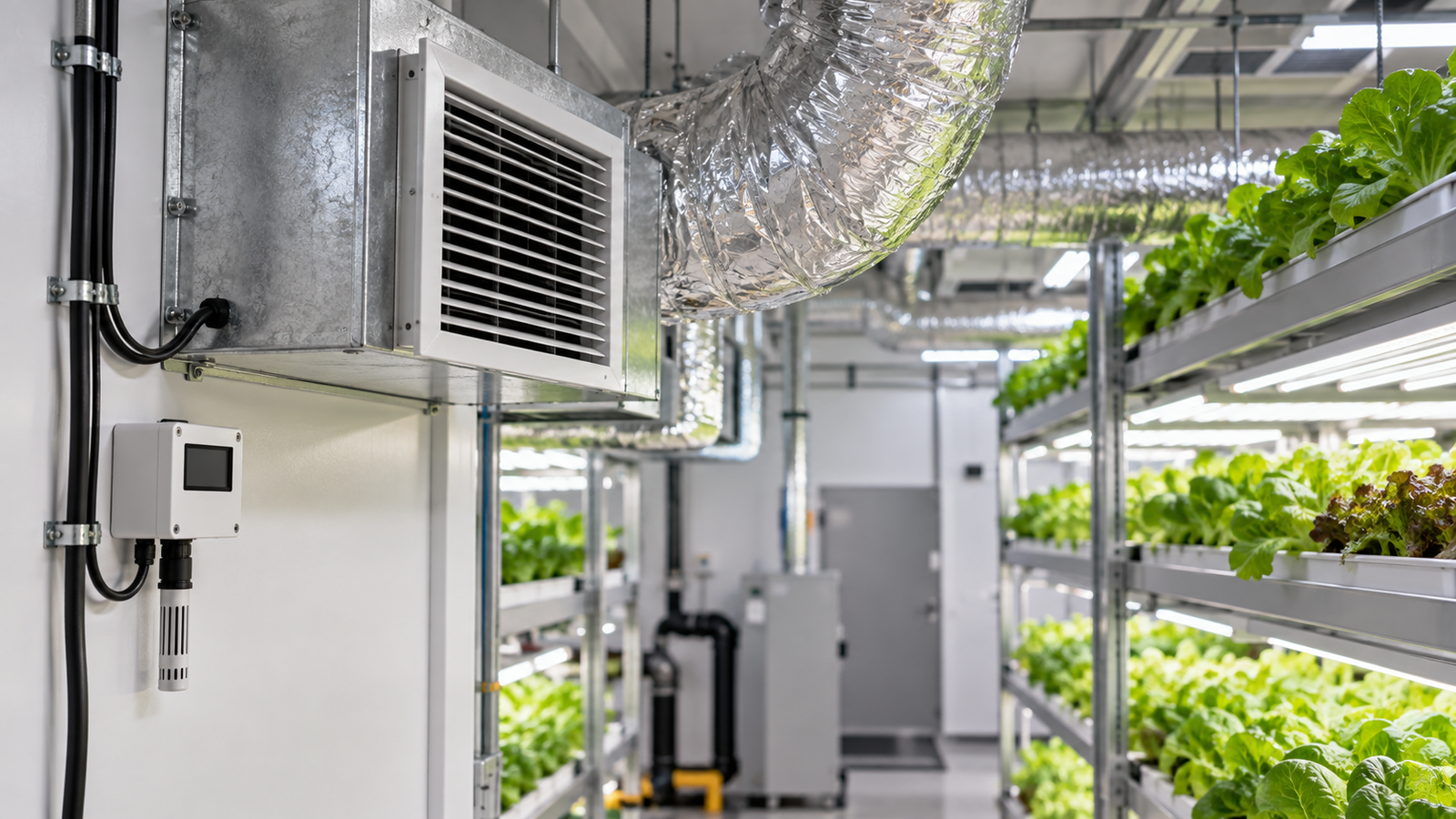 Air-handling equipment and a temperature sensor beside vertical farm racks