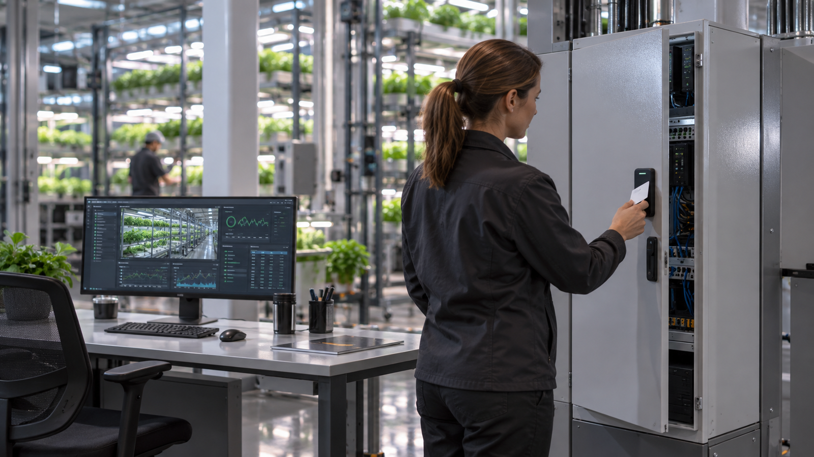 Farm operator using controlled access for a secured operations cabinet inside a vertical farm