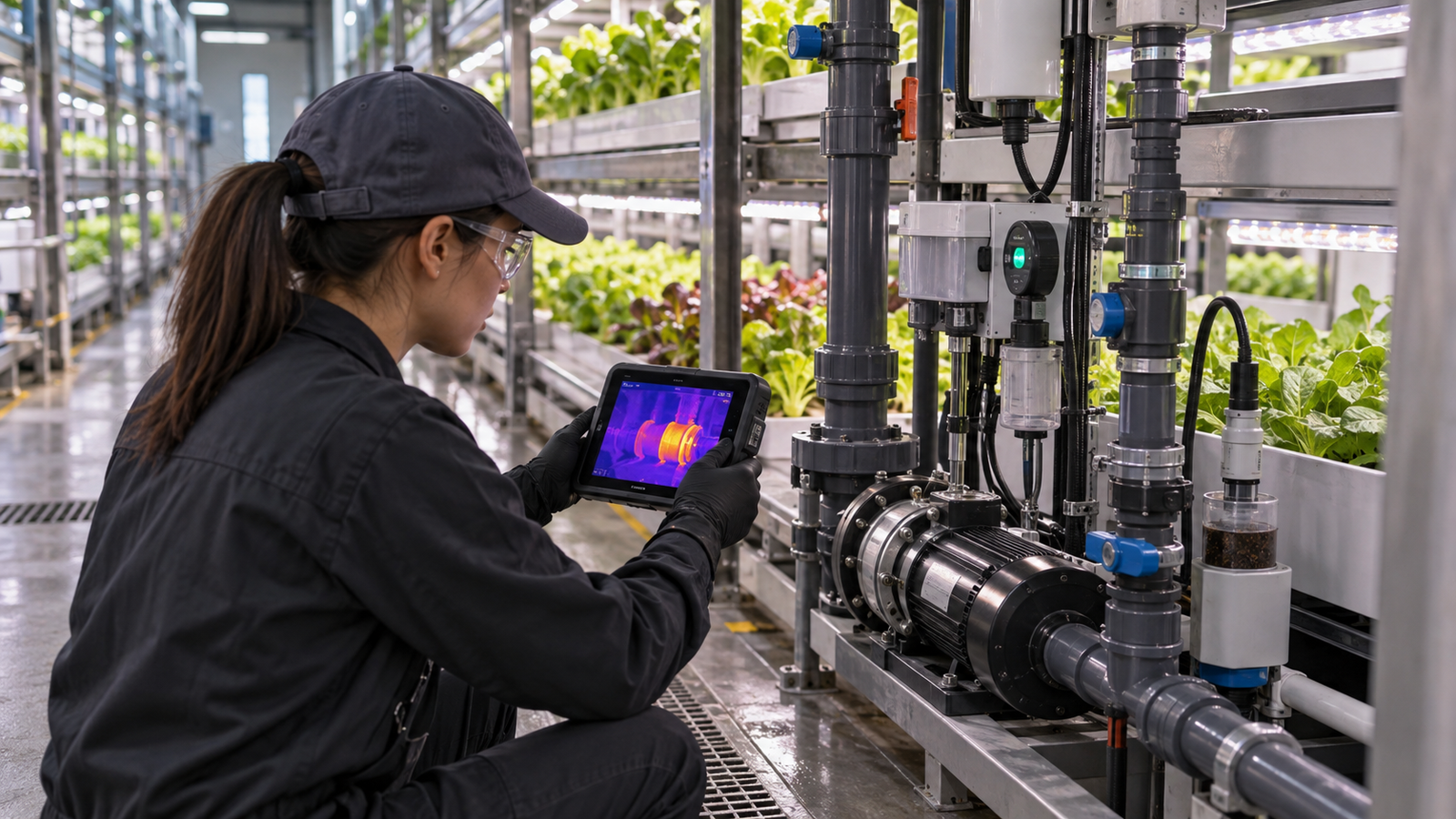 Technician inspecting a pump and sensor manifold with a thermal camera