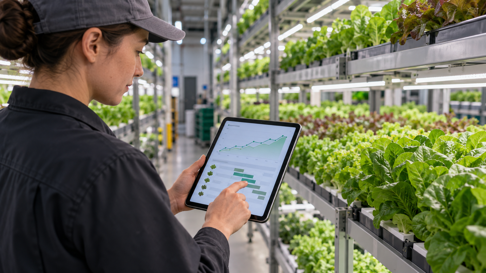 Farm operator checking a harvest forecast on a tablet beside indoor crop racks