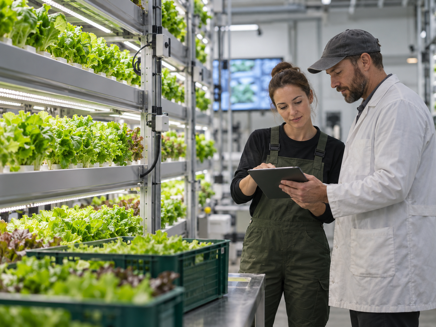 Farm team reviewing crop performance together in a vertical farm