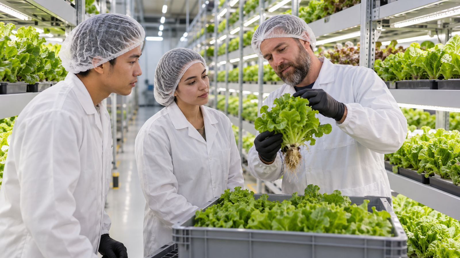 Supervisor coaching farm operators on crop inspection