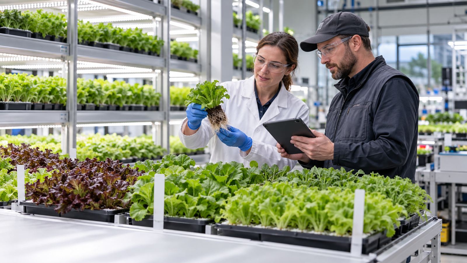 Supervisor coaching operators at an indoor farm control panel