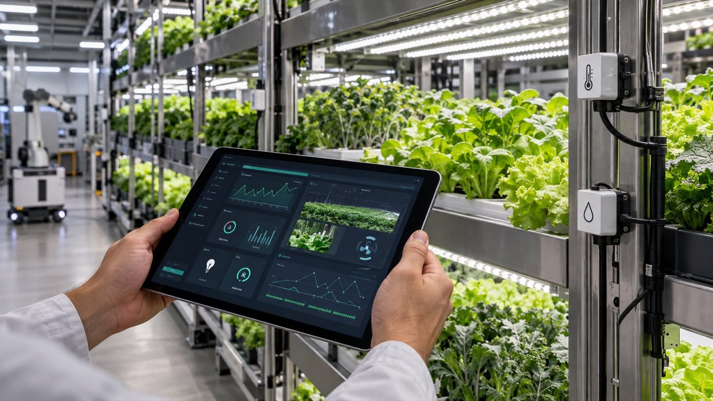 Operator viewing an AI farm control dashboard beside indoor vertical growing racks