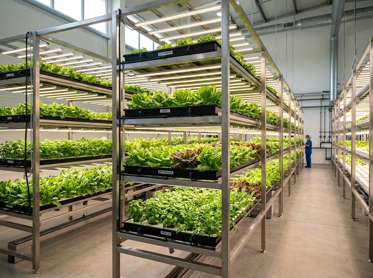 Indoor vertical farm racks with LED lighting and leafy greens