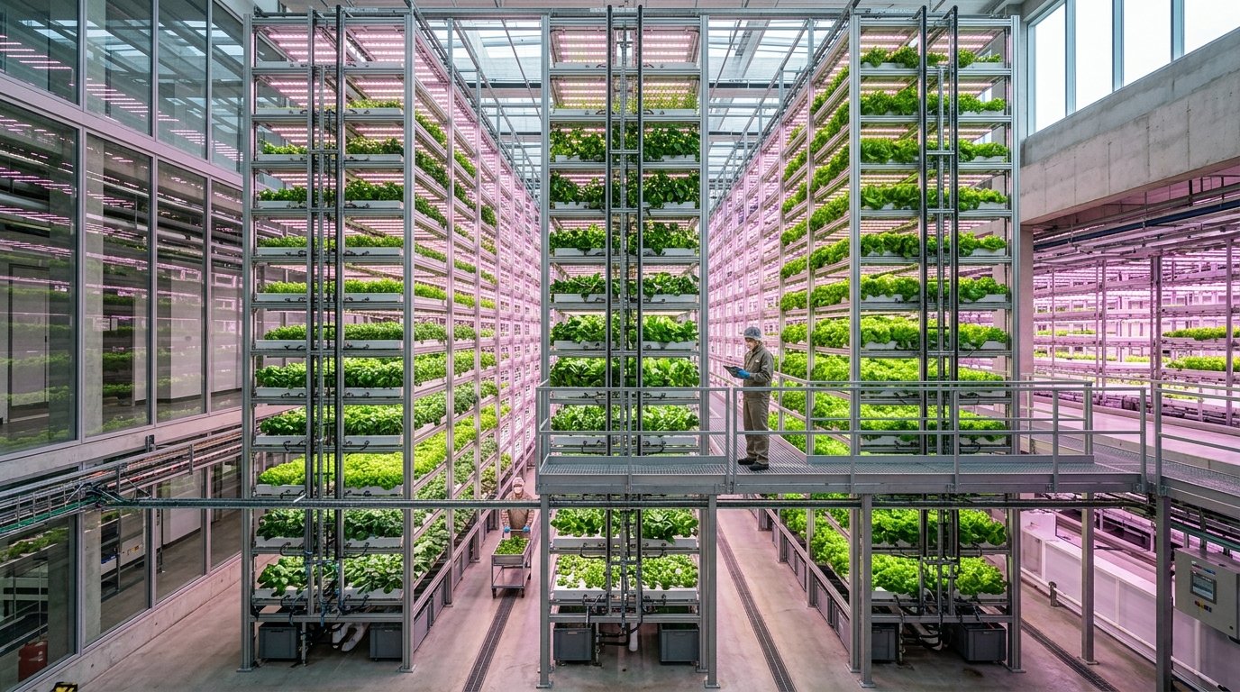 Space-efficient stacked vertical farming racks in an indoor facility