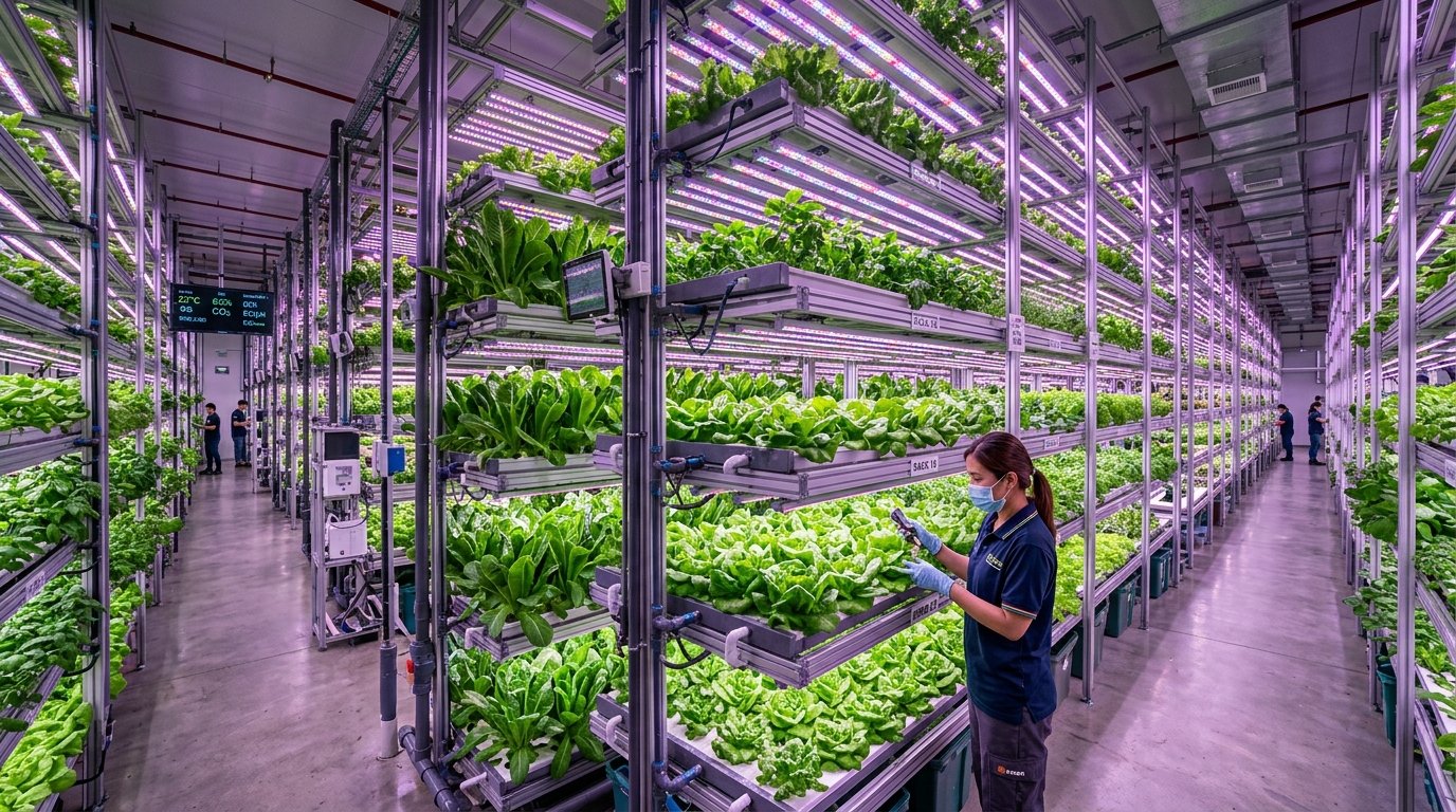 Indoor vertical farm producing leafy greens under LED grow lights